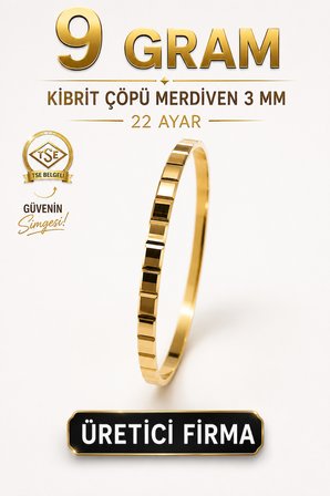 22 Ayar TSE Belgeli (9 GRAM) Kibrit Çöpü Merdiven 3 mm Ajda Altın İşçiliksiz Bilezik Gold 6,2 cm
