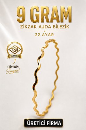 22 Ayar TSE Belgeli (9 GRAM) Zikzak Ajda Altın İşçiliksiz Bilezik Gold Nişan Düğün 6,2 cm