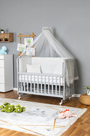 Ahşap Beşik Anne Yanı Beşik Gri 60x120 - Beyaz Güpür Uyku Seti + Yataklı + Tekerlekli