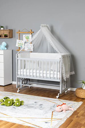 Ahşap Beşik Anne Yanı Beşik Gri 60x120 - Beyaz Güpür Uyku Seti + Yataklı + Tekerlekli