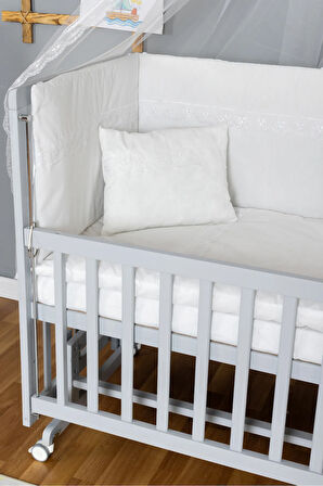 Ahşap Beşik Anne Yanı Beşik Gri 60x120 - Beyaz Güpür Uyku Seti + Yataklı + Tekerlekli