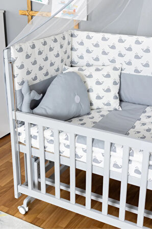 Ahşap Beşik Anne Yanı Beşik Gri 60x120 - Gri Balina Uyku Seti + Yataklı + Tekerlekli