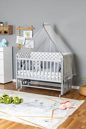 Ahşap Beşik Anne Yanı Beşik Gri 60x120 - Gri Balina Uyku Seti + Yataklı