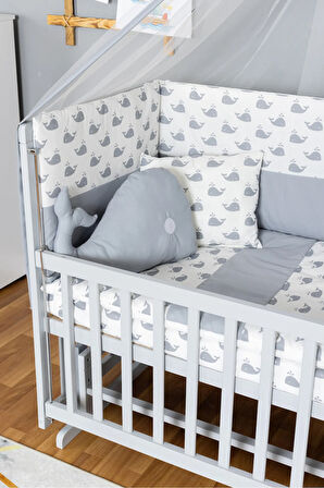 Ahşap Beşik Anne Yanı Beşik Gri 60x120 - Gri Balina Uyku Seti + Yataklı