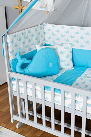 Ahşap Beşik Anne Yanı Beşik Gri 60x120 - Mavi Balina Uyku Seti + Yataklı
