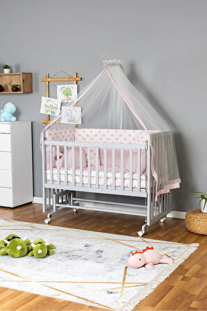 Ahşap Beşik Anne Yanı Beşik Gri 60x120 - Pembe Balina Uyku Seti + Yataklı + Tekerlekli
