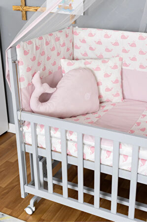 Ahşap Beşik Anne Yanı Beşik Gri 60x120 - Pembe Balina Uyku Seti + Yataklı + Tekerlekli