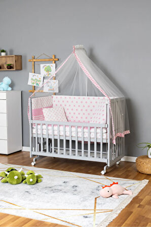 Ahşap Beşik Anne Yanı Beşik Gri 60x120 - Pembe Yıldız 1 Yastıklı Uyku Seti + Yataklı + Tekerlekli