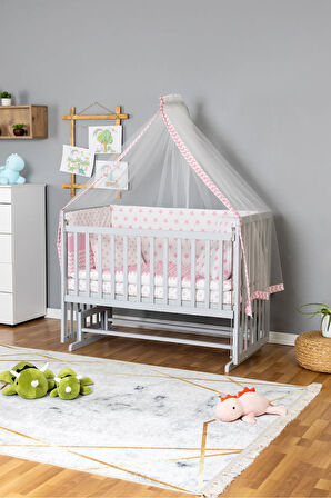 Ahşap Beşik Anne Yanı Beşik Gri 60x120 - Pembe Yıldız 1 Yastıklı Uyku Seti + Yataklı