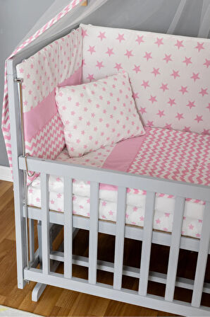 Ahşap Beşik Anne Yanı Beşik Gri 60x120 - Pembe Yıldız 1 Yastıklı Uyku Seti + Yataklı