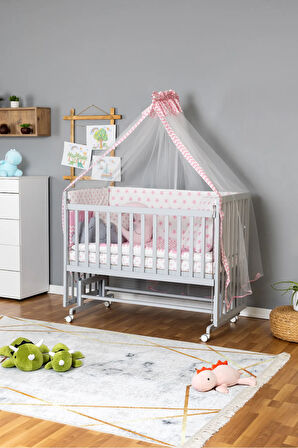 Ahşap Beşik Anne Yanı Beşik Gri 60x120 - Pembe Yıldız 3 Yastıklı Uyku Seti+Yataklı+Tekerlekli