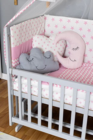 Ahşap Beşik Anne Yanı Beşik Gri 60x120 - Pembe Yıldız 3 Yastıklı Uyku Seti + Yataklı