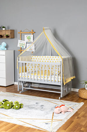 Ahşap Beşik Anne Yanı Beşik Gri 60x120 - Sarı Yıldız 1 Yastıklı Uyku Seti + Yataklı