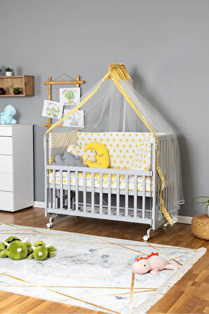 Ahşap Beşik Anne Yanı Beşik Gri 60x120 - Sarı Yıldız 3 Yastıklı Uyku Seti + Yataklı + Tekerlekli