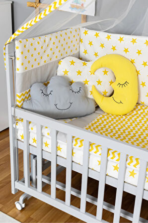 Ahşap Beşik Anne Yanı Beşik Gri 60x120 - Sarı Yıldız 3 Yastıklı Uyku Seti + Yataklı + Tekerlekli