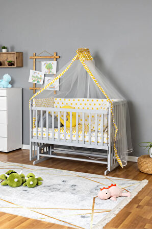Ahşap Beşik Anne Yanı Beşik Gri 60x120 - Sarı Yıldız 3 Yastıklı Uyku Seti + Yataklı