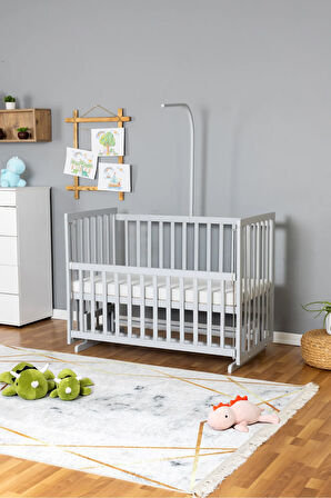 Ahşap Beşik Anne Yanı Beşik Gri 60x120 - Uyku Setsiz Tek Yataklı