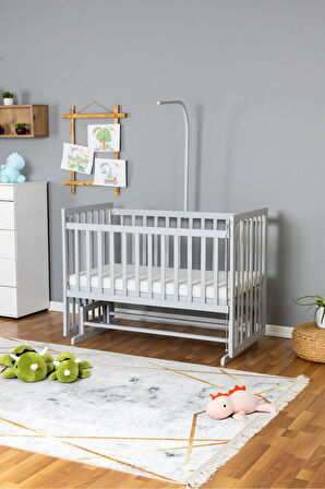 Ahşap Beşik Anne Yanı Beşik Gri 60x120 - Uyku Setsiz Tek Yataklı