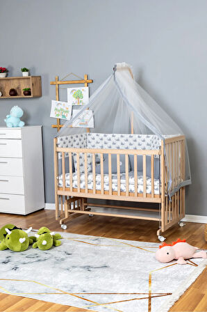 Ahşap Beşik Anne Yanı Beşik Organik 60x120 - Gri Balina Uyku Seti + Yataklı + Tekerlekli