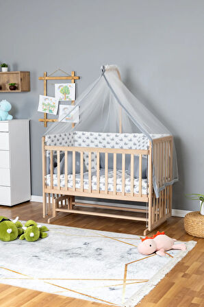 Ahşap Beşik Anne Yanı Beşik Organik 60x120 - Gri Balina Uyku Seti + Yataklı