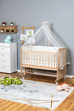 Ahşap Beşik Anne Yanı Beşik Organik 60x120 - Krem Güpür Uyku Seti + Yataklı + Tekerlekli