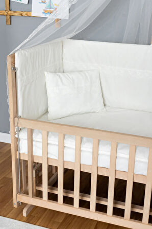 Ahşap Beşik Anne Yanı Beşik Organik 60x120 - Krem Güpür Uyku Seti + Yataklı