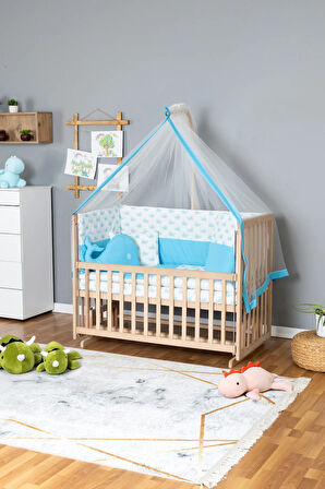 Ahşap Beşik Anne Yanı Beşik Organik 60x120 - Mavi Balina Uyku Seti + Yataklı