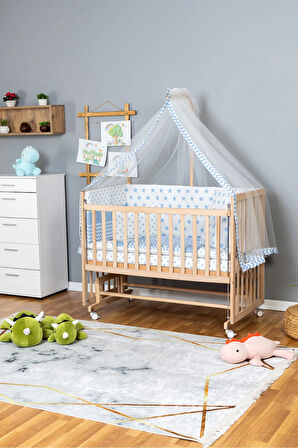 Ahşap Beşik Anne Yanı Beşik Organik 60x120 - Mavi Yıldız 1 Yastıklı Uyku Seti + Yataklı + Tekerlekli