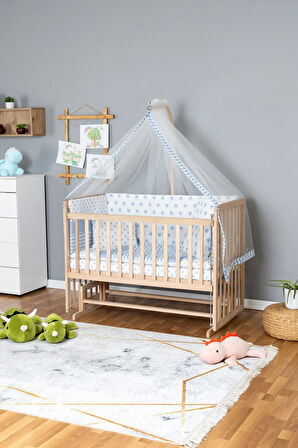 Ahşap Beşik Anne Yanı Beşik Organik 60x120 - Mavi Yıldız 1 Yastıklı Uyku Seti + Yataklı