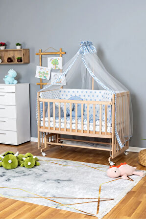 Ahşap Beşik Anne Yanı Beşik Organik 60x120 - Mavi Yıldız 3 Yastıklı Uyku Seti + Yataklı + Tekerlekli
