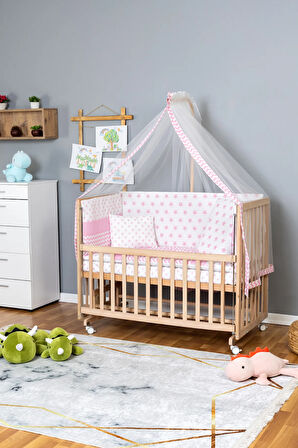 Ahşap Beşik Anne Yanı Beşik Organik 60x120 - Pembe Yıldız 1 Yastıklı Uyku Seti + Yataklı+Tekerlekli