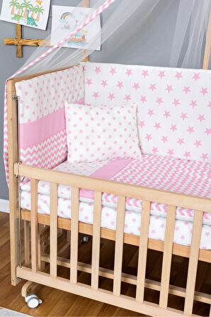 Ahşap Beşik Anne Yanı Beşik Organik 60x120 - Pembe Yıldız 1 Yastıklı Uyku Seti + Yataklı+Tekerlekli