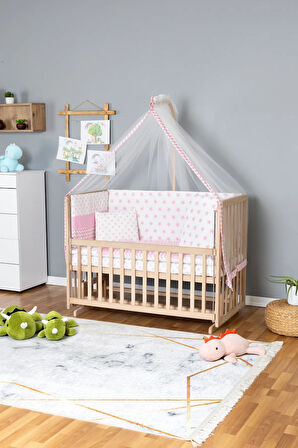 Ahşap Beşik Anne Yanı Beşik Organik 60x120 - Pembe Yıldız 1 Yastıklı Uyku Seti + Yataklı