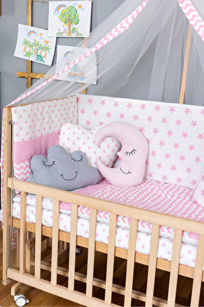 Ahşap Beşik Anne Yanı Beşik Organik 60x120 - Pembe Yıldız 3 Yastıklı Uyku Seti+Yataklı+Tekerlekli