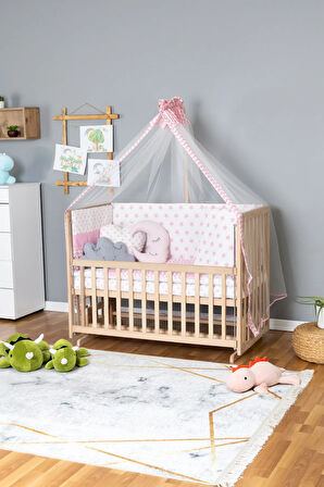 Ahşap Beşik Anne Yanı Beşik Organik 60x120 - Pembe Yıldız 3 Yastıklı Uyku Seti + Yataklı