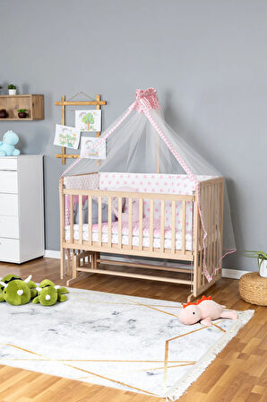 Ahşap Beşik Anne Yanı Beşik Organik 60x120 - Pembe Yıldız 3 Yastıklı Uyku Seti + Yataklı