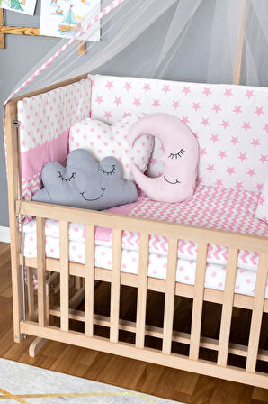 Ahşap Beşik Anne Yanı Beşik Organik 60x120 - Pembe Yıldız 3 Yastıklı Uyku Seti + Yataklı