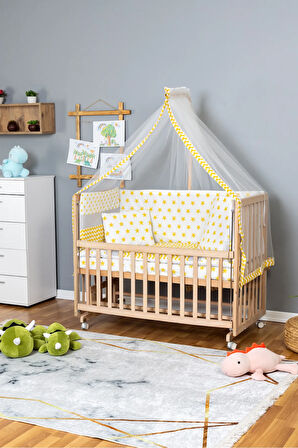 Ahşap Beşik Anne Yanı Beşik Organik 60x120 - Sarı Yıldız 1 Yastıklı Uyku Seti + Yataklı + Tekerlekli