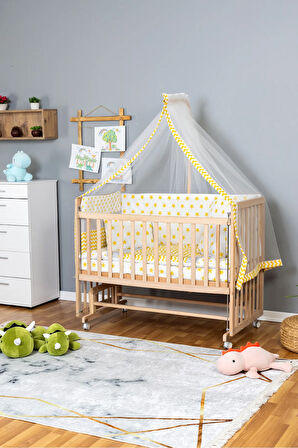 Ahşap Beşik Anne Yanı Beşik Organik 60x120 - Sarı Yıldız 1 Yastıklı Uyku Seti + Yataklı + Tekerlekli
