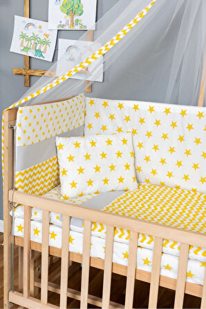 Ahşap Beşik Anne Yanı Beşik Organik 60x120 - Sarı Yıldız 1 Yastıklı Uyku Seti + Yataklı + Tekerlekli