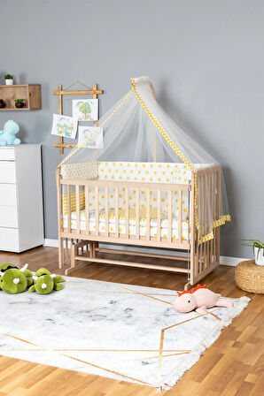Ahşap Beşik Anne Yanı Beşik Organik 60x120 - Sarı Yıldız 1 Yastıklı Uyku Seti + Yataklı
