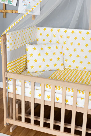 Ahşap Beşik Anne Yanı Beşik Organik 60x120 - Sarı Yıldız 1 Yastıklı Uyku Seti + Yataklı