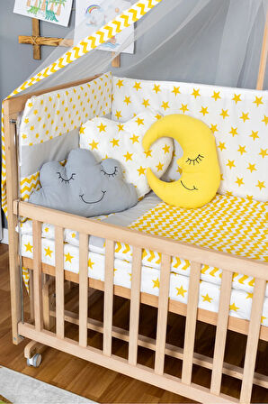 Ahşap Beşik Anne Yanı Beşik Organik 60x120 - Sarı Yıldız 3 Yastıklı Uyku Seti + Yataklı + Tekerlekli