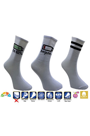 3'lü I'm %100 - Help Me Siyah Şeritli Unisex Spor Tenis Çorap