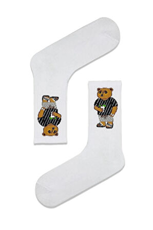 Bear Desenli Beyaz Tenis Çorap