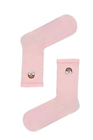 Gökkuşağı Nakışlı Pembe Tenis Spor Çorap