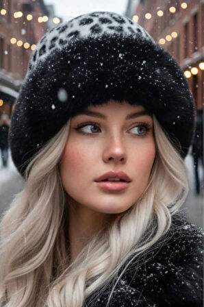 Tezzgelsin Kadın Leopar Desenli Peluş Kürklü Kalpak Şapka