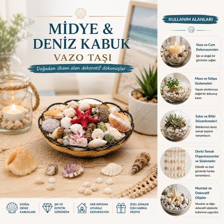 Ahşap Yuvarlak Sepet - Fileli Renkli Mix Midye - Deniz Kabuk Vazo Taşı