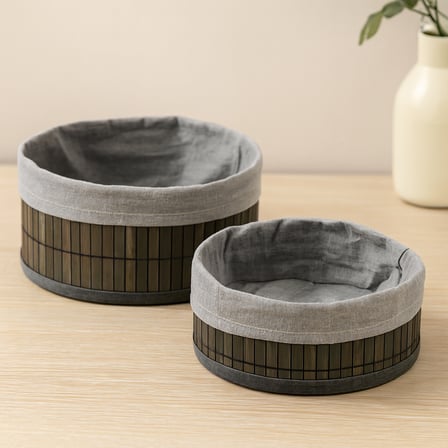 Yuvarlak Organizer Sepet - Bambu Kenarlı Ahşap Taban Bezli (Çap 22x24 cm)