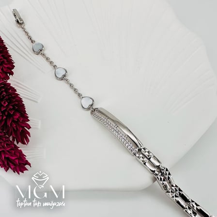Rodyum Zirkon+sedef Taşlı Pirinç Bileklikler 17,5+2 Cm - Kbl0065